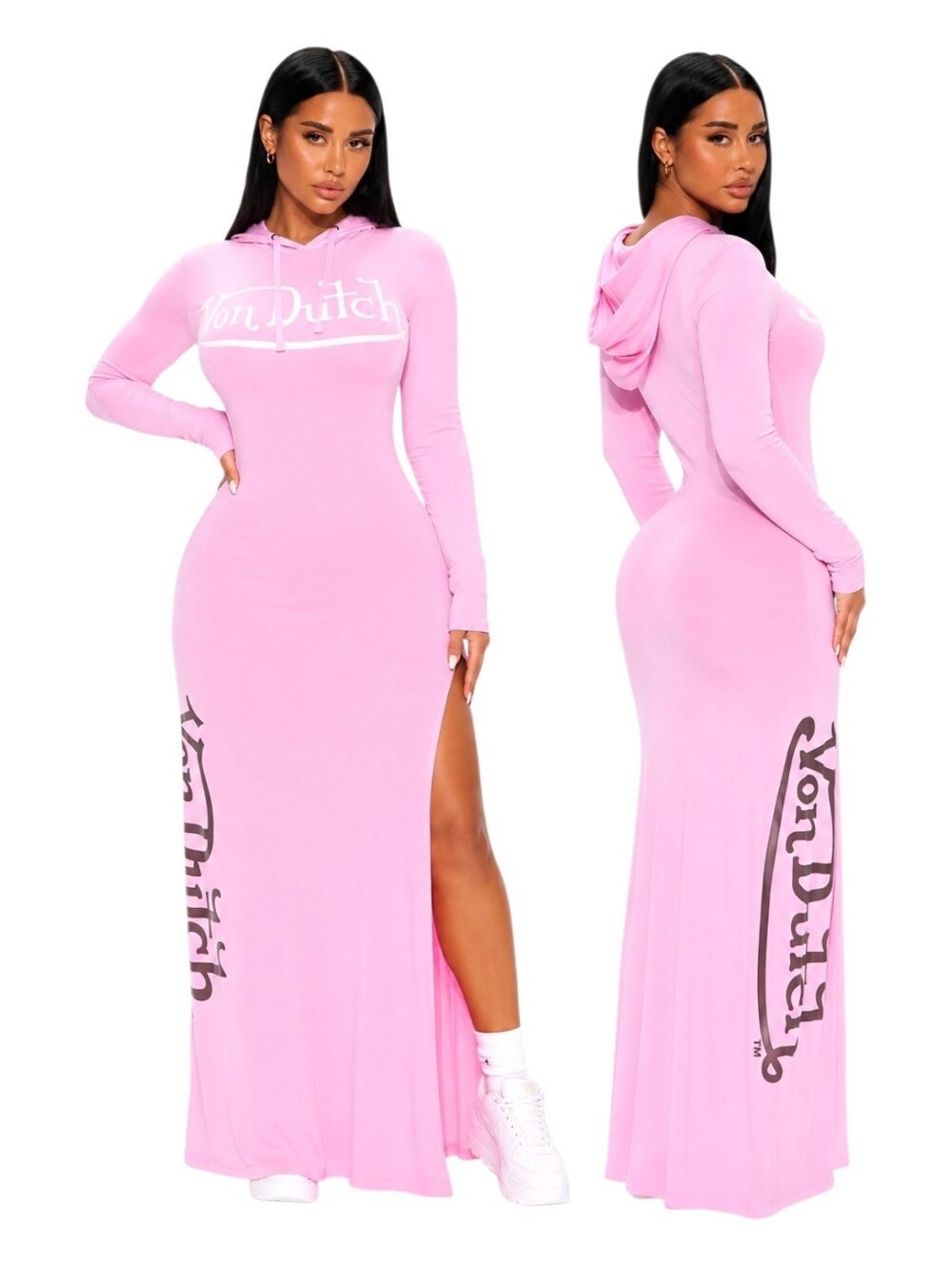 VON DUTCH Pink Hooded MAXI DRESS Side Slit Graphic Bodycon SMALL NWT Y2K